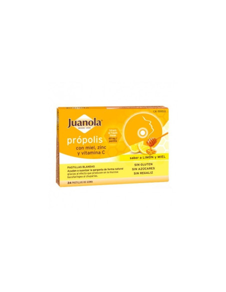 JUANOLA PROPOLIS MIEL ZINC Y VITAMINA C 24 PASTILLAS DE GOMA SABOR LIMON MIEL