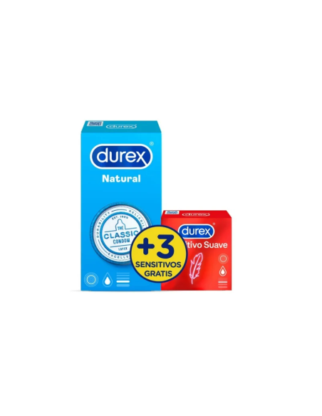 DUREX NATURAL PLUS + DUREX SENSITIVO CONFORT PRESERVATIVOS 12 + 3 PRESERVATIVOS PACK